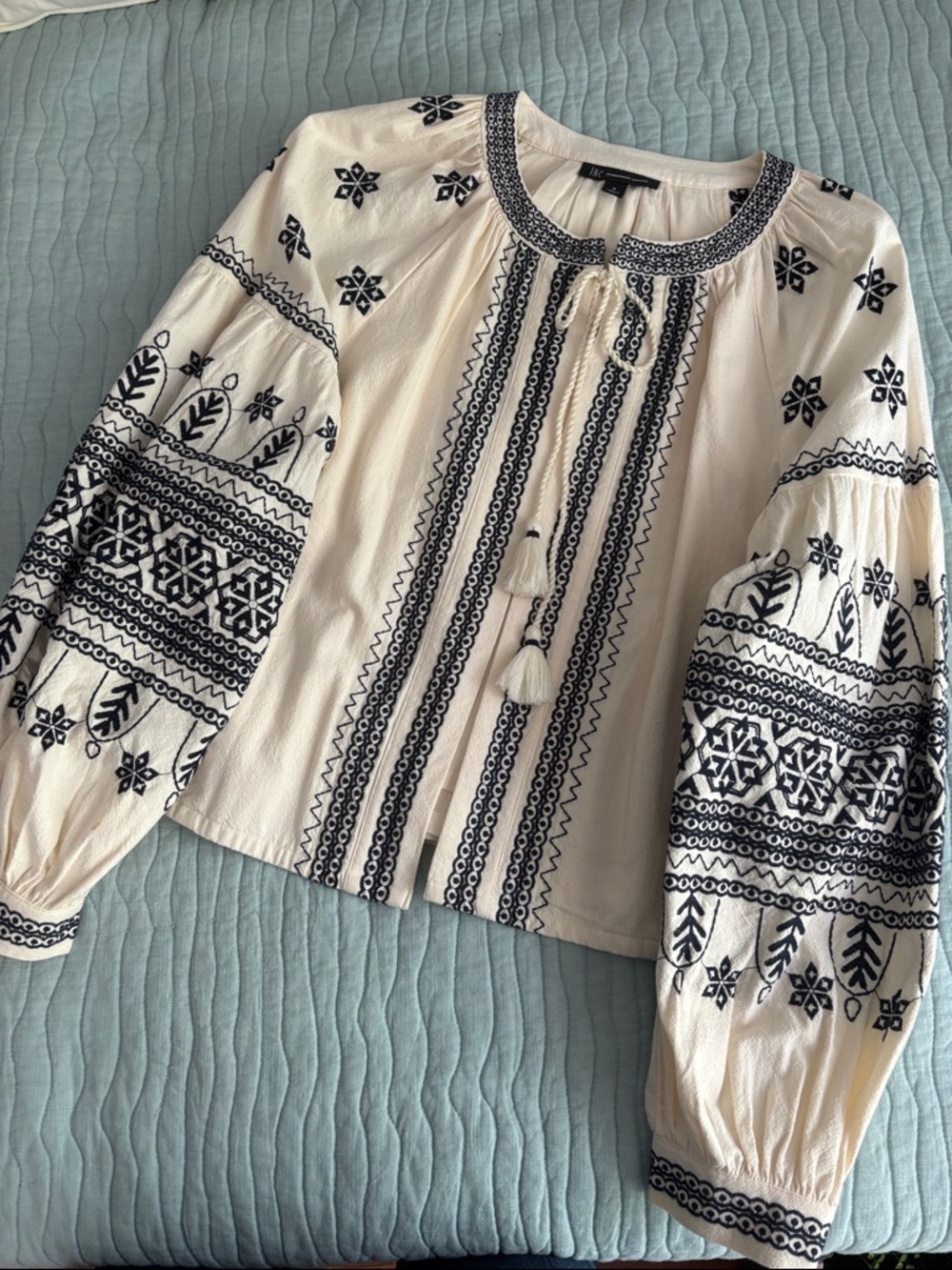 INC International Concepts Cotton Cream Cropped Jacket Navy Embroidery Medium